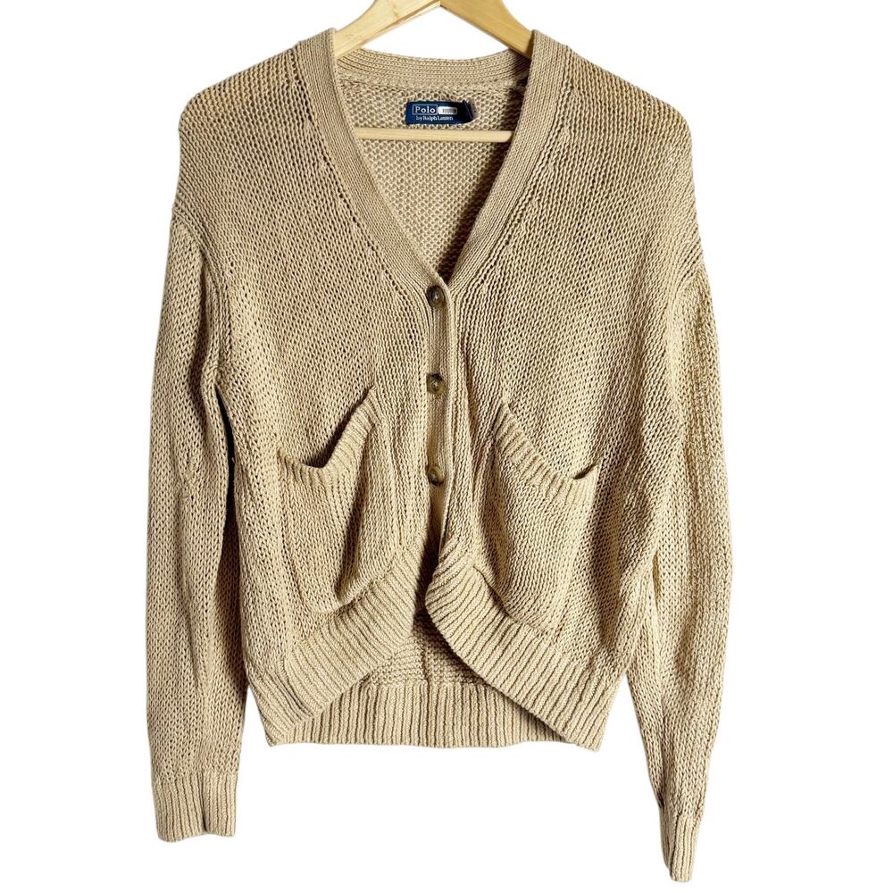 Polo Ralph Lauren Tan Beige Linen Knit Button Front Cardigan Sweater Size Small - Picture 4 of 14